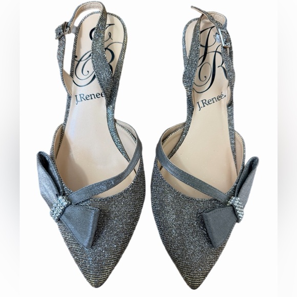 J. Renee Pewter Heels Size 7.5 Pewter With Bow And Rhinestone 2.5” Heel - Picture 2 of 8